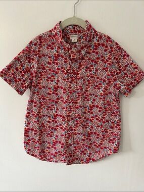 Crewcuts Button Down Shirt Kids 8 Red Floral Short-Sleeve Sunday Fun Vibrant